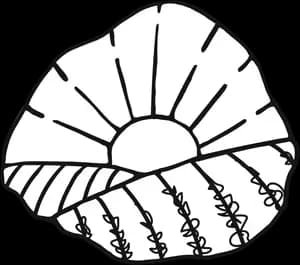 Line illustration of a sunrise above rolling vineyard hills.