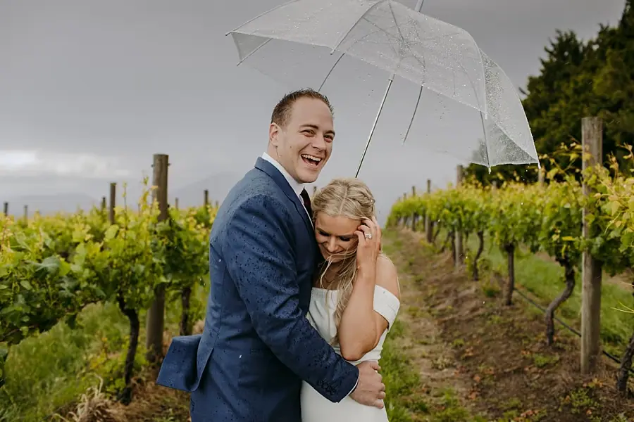 Couple laughing together beneath a clear umbrella among vineyard rows.