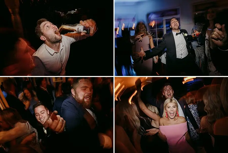 Four photographs of guests drinking, dancing and cheering at a reception.