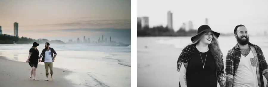 Two photographs of a couple walking together beside the surf, with distant buildings along the coast.