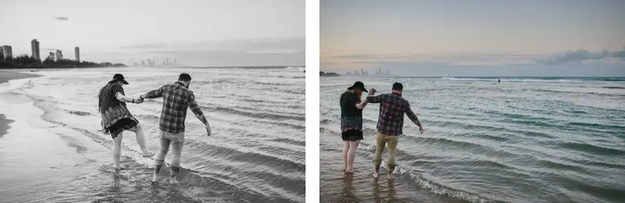 Two photographs of a couple holding hands and stepping into shallow seawater.
