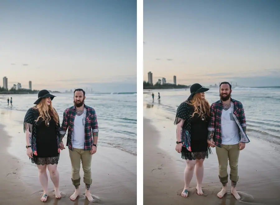 Two portraits of a couple walking together on wet sand beside the sea.