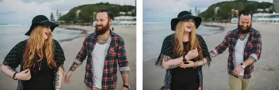 Two photographs of a couple laughing together and holding hands as they walk along the beach.