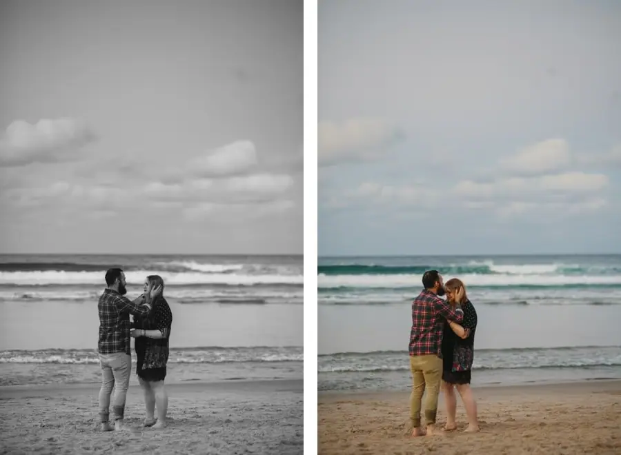 Paired black-and-white and colour portraits of a couple embracing beside the waves.