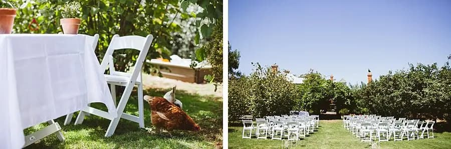 Two photographs of a garden table with a chicken nearby and rows of ceremony chairs.