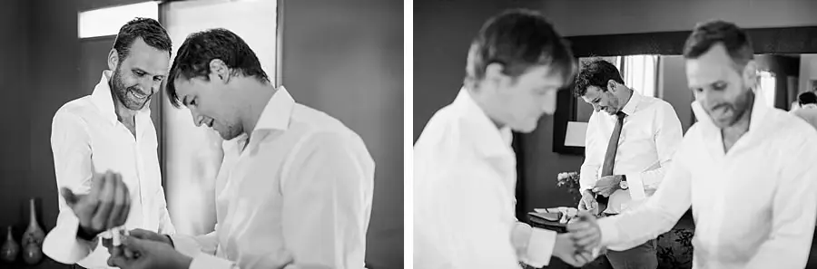 Two black and white photographs of men adjusting cuffs while getting ready.
