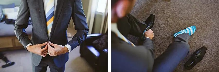 Two photographs of suit preparations, including a jacket and colourful socks.
