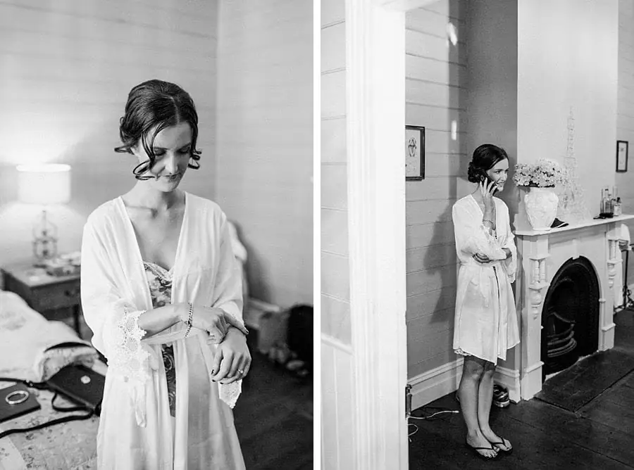 Two black and white photographs of the bride in her robe during preparations.