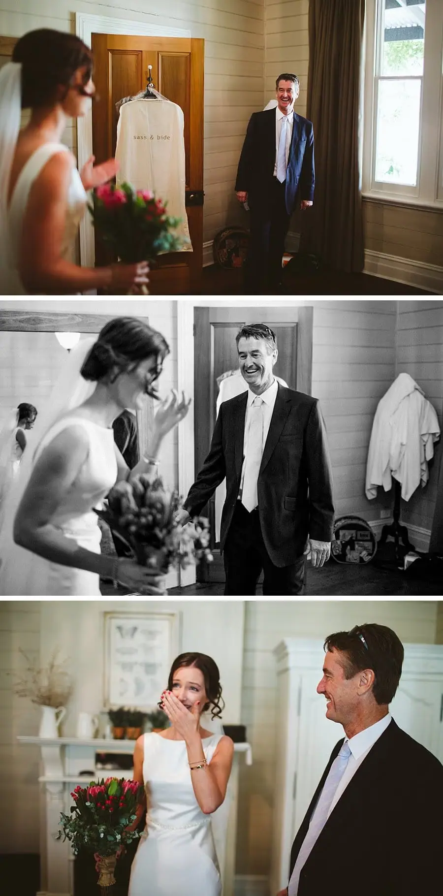 Three photographs of the bride greeting a suited man during preparations.