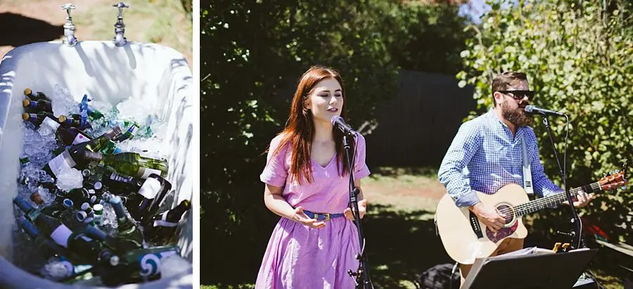 Two photographs of chilled bottles and musicians performing outdoors.