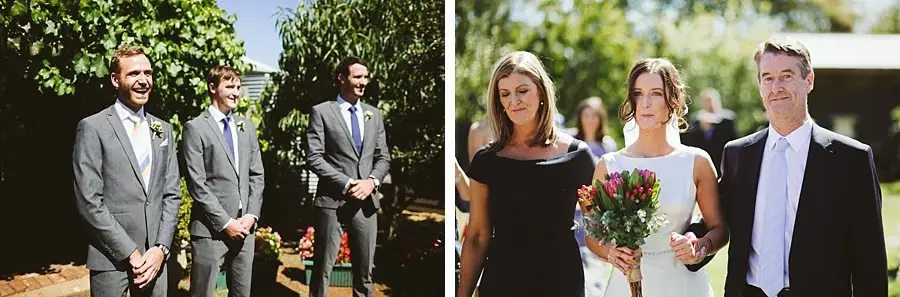Two photographs of groomsmen waiting and the bride approaching with companions.