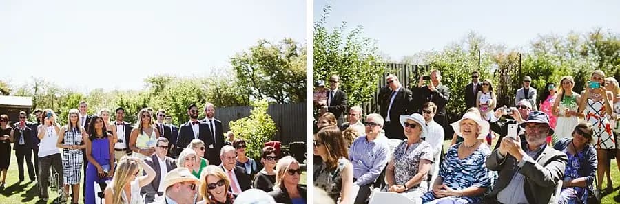 Two photographs of ceremony guests watching and smiling.