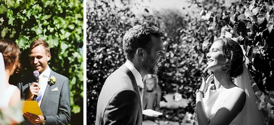 Two photographs of the groom reading into a microphone and the couple smiling together.