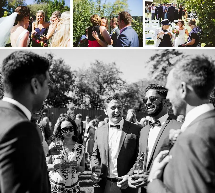 Four photographs of guests greeting, embracing and chatting after the ceremony.