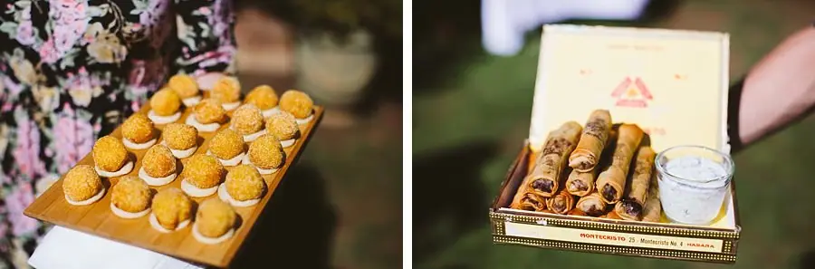 Two photographs of trays carrying bite-sized reception appetisers.