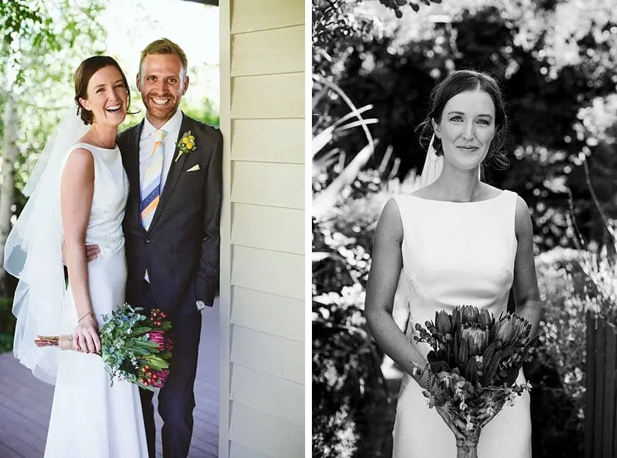 Two photographs of the couple together and a black and white portrait of the bride.