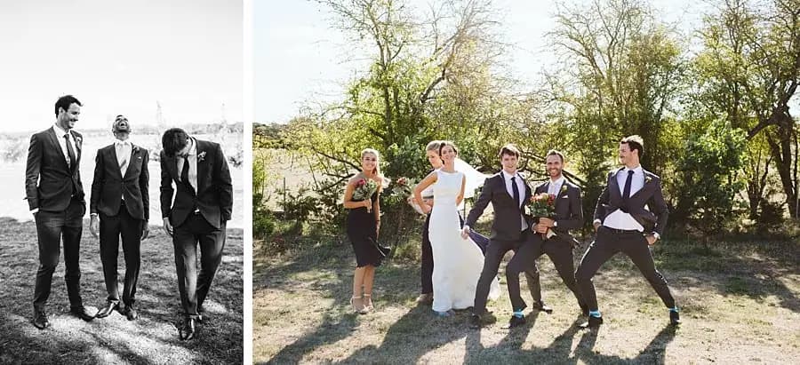 Two photographs of groomsmen walking together and the wedding party celebrating.