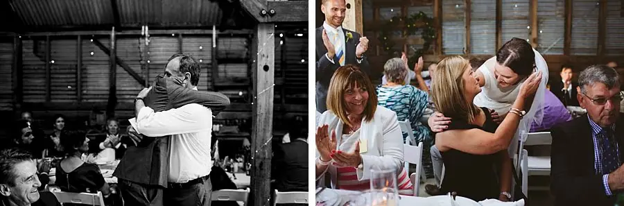 Two photographs of guests embracing across the reception tables.