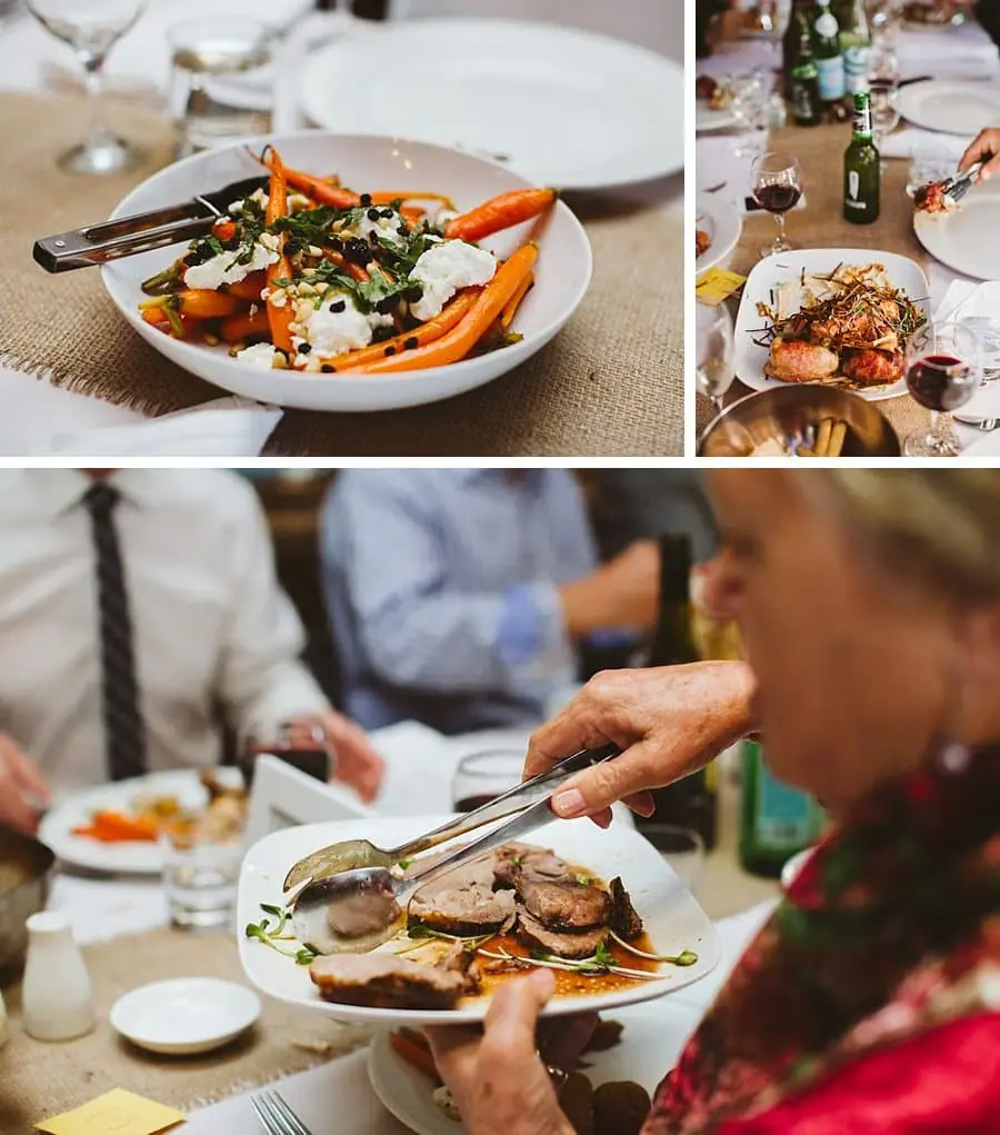 Three photographs of shared dinner platters and food being served.