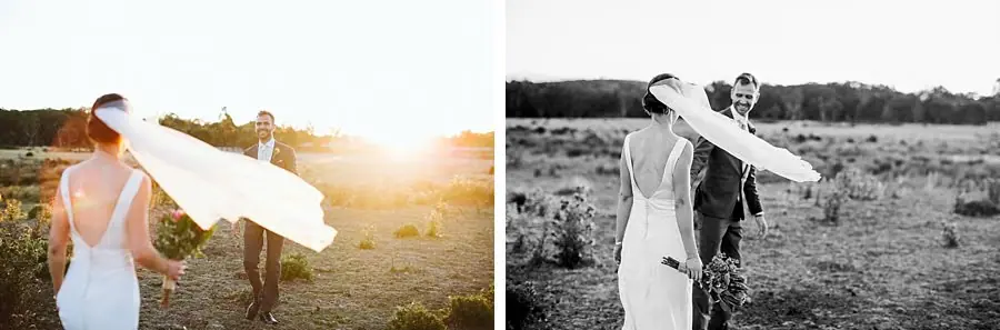 Two photographs of the bride's veil blowing as the couple stands in evening light.