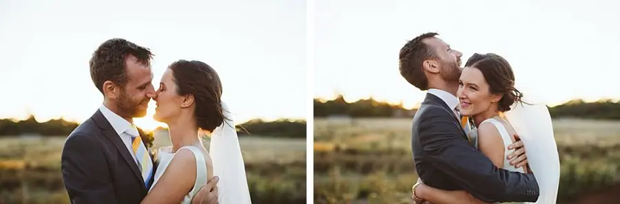 Two photographs of the couple kissing and embracing in a field.