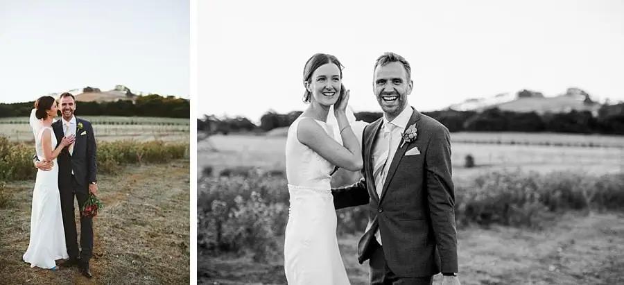 Two portraits of the couple together in a field, including a black and white view.