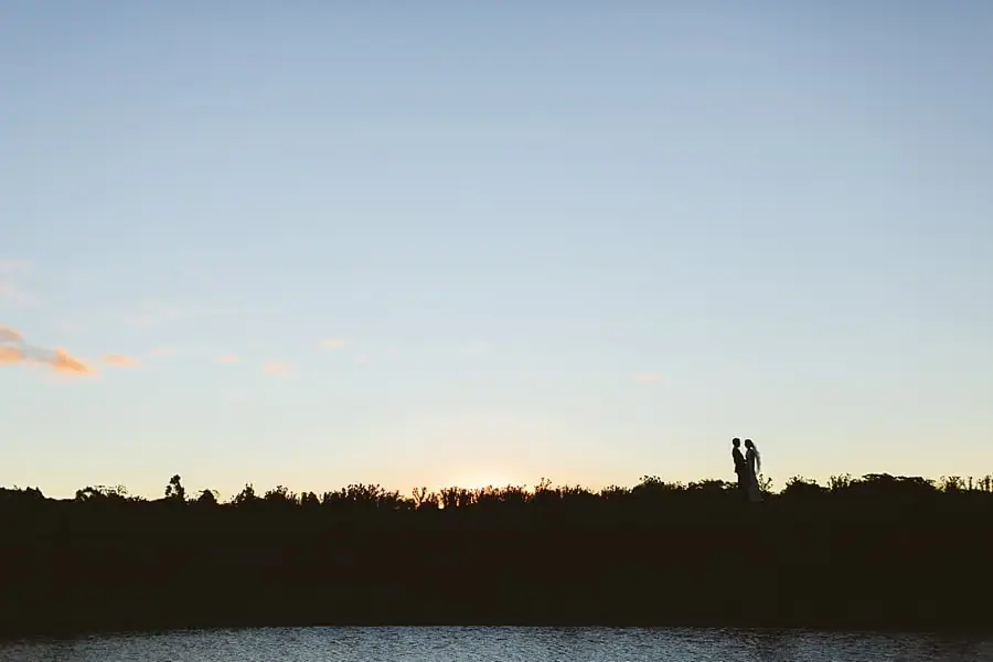 Distant silhouetted couple stands along a field's horizon at sunset.