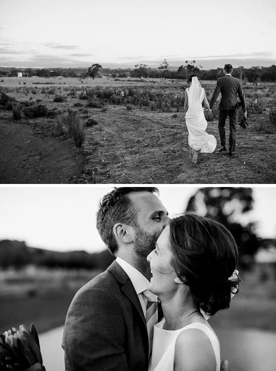 Two black and white photographs of the couple walking and embracing in a field.