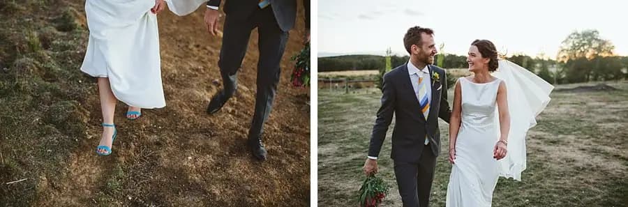 Two photographs of the couple's feet and their walk together through grass.
