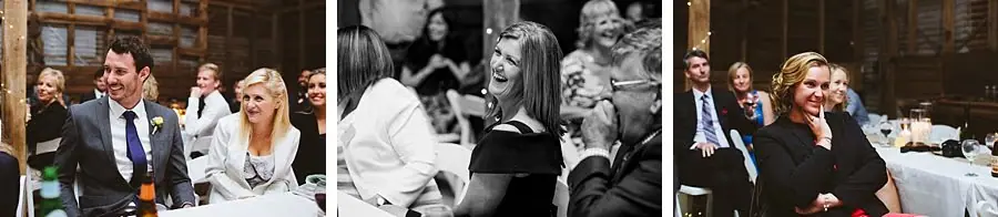 Three photographs of guests reacting to reception speeches.