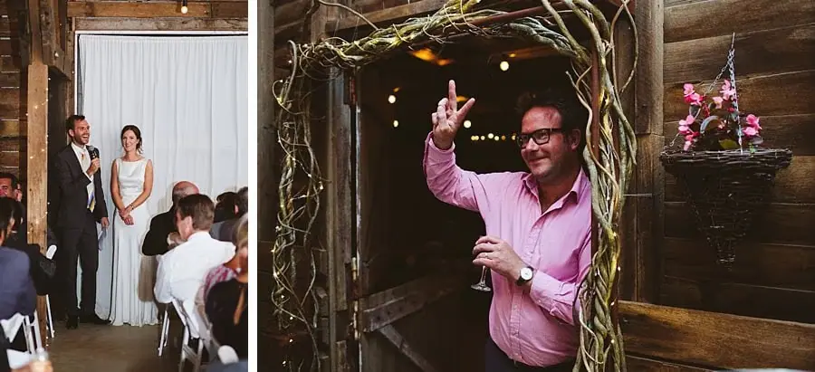 Two photographs of guests standing near the reception doorway and smiling toward the room.