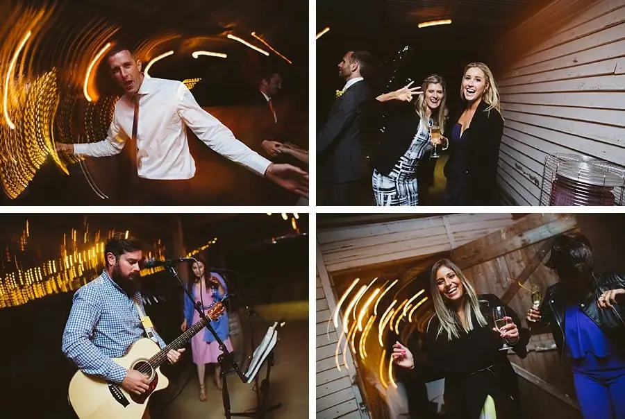 Four photographs of guests dancing and musicians performing at night.