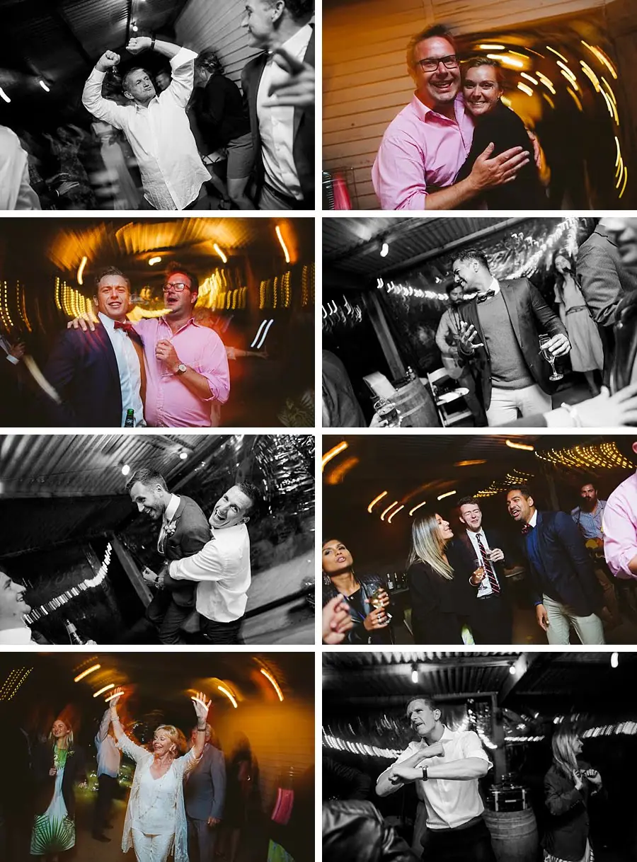 Eight photographs of guests dancing and embracing at the reception.