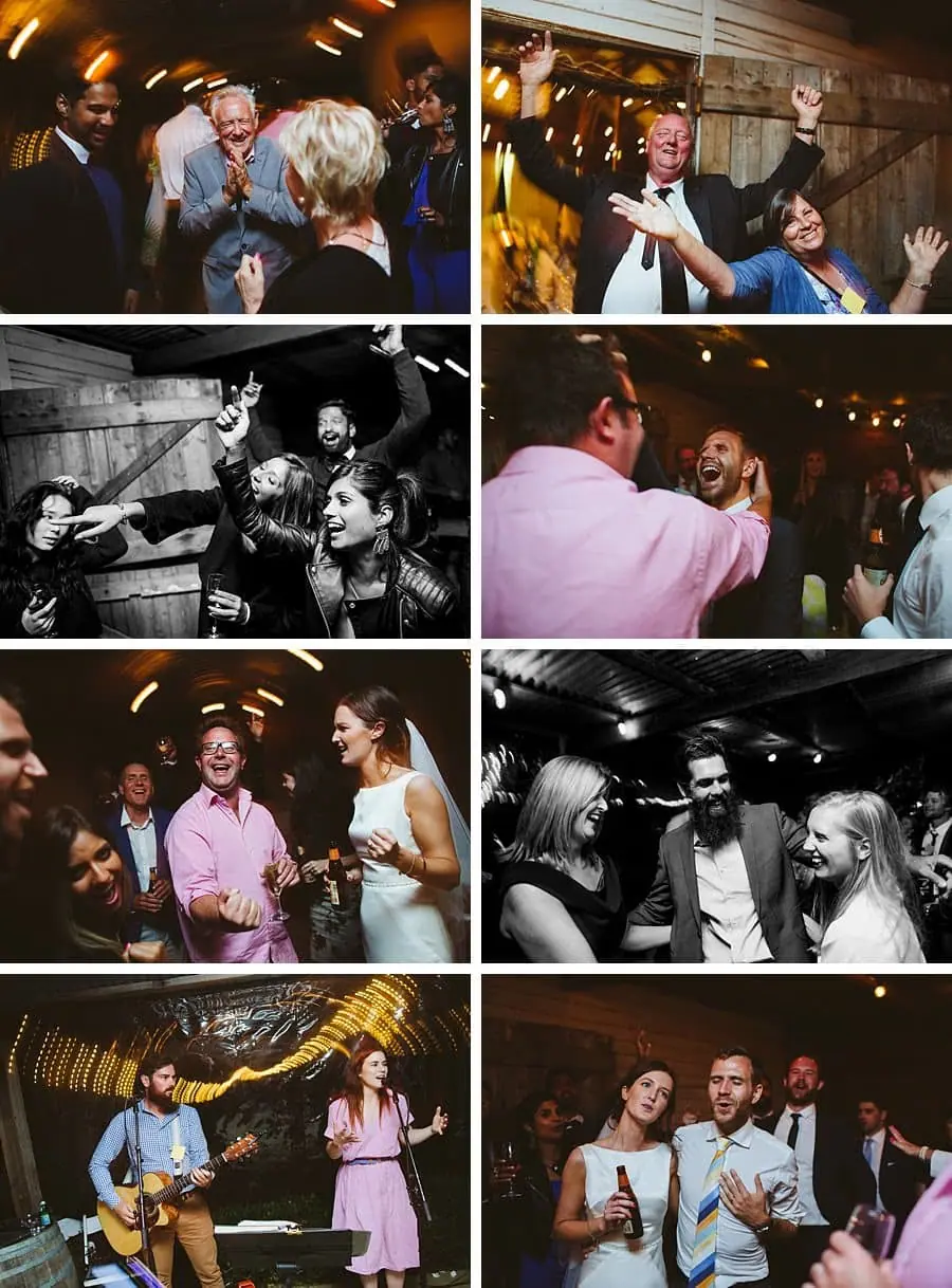 Eight photographs of guests dancing, laughing and musicians performing.
