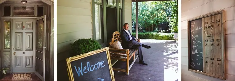 Three photographs of the house entrance, people seated on the veranda and a handwritten board.
