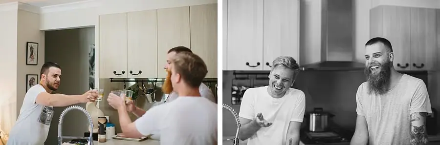 Two photographs of men raising drinks and laughing in a kitchen.