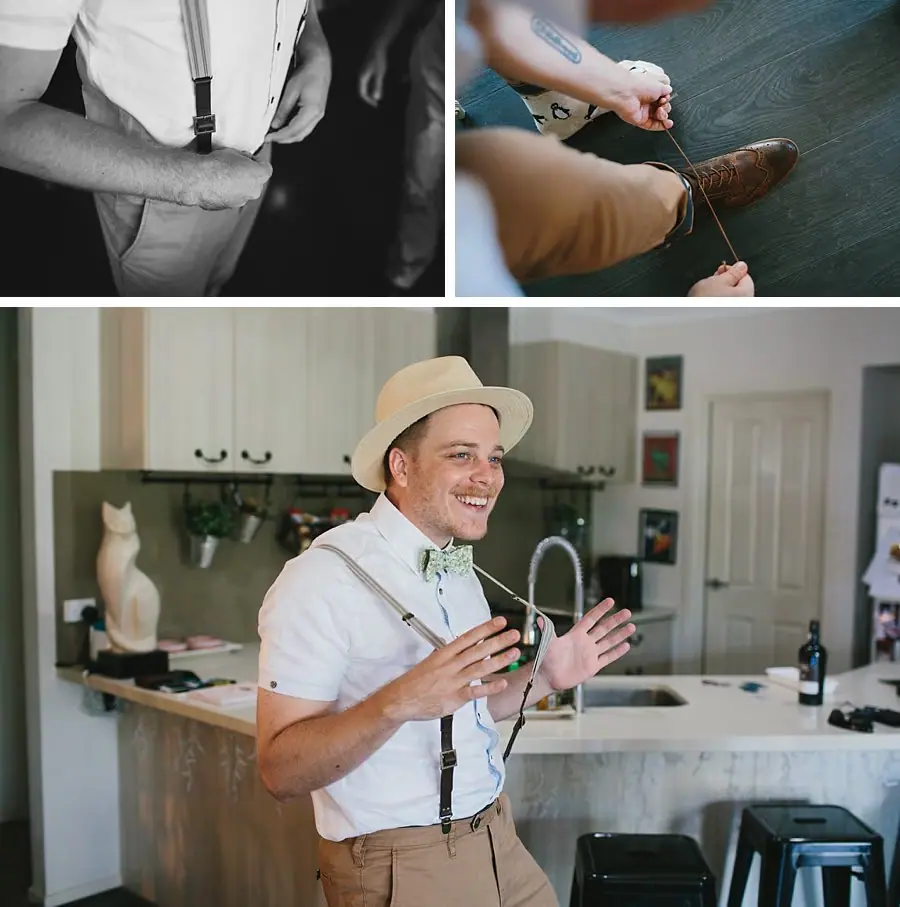 Three-photo collage of formal clothing details and a smiling man wearing a hat.