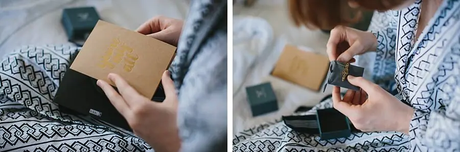 Two photographs of a woman opening a card and a small jewelry box.