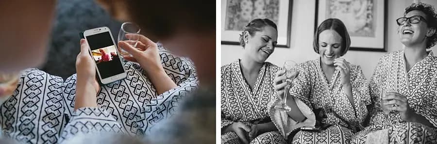 Two photographs of a woman looking at a phone and women laughing on a bed.