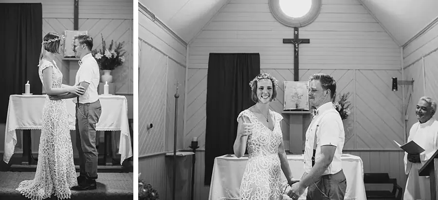 Two black-and-white photographs of the bride and groom during their church ceremony.