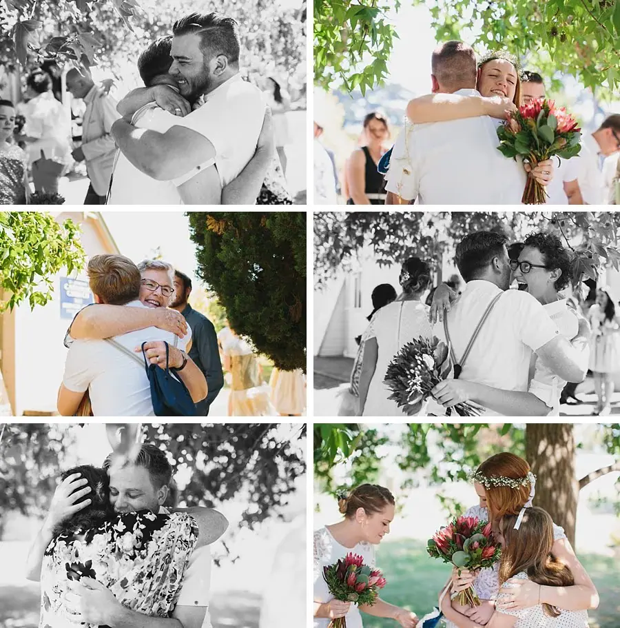 Six-photo collage of wedding guests exchanging hugs outdoors.