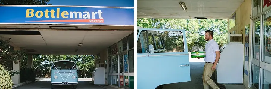 Two photographs of a pale blue van outside a shop and a man beside its open door.