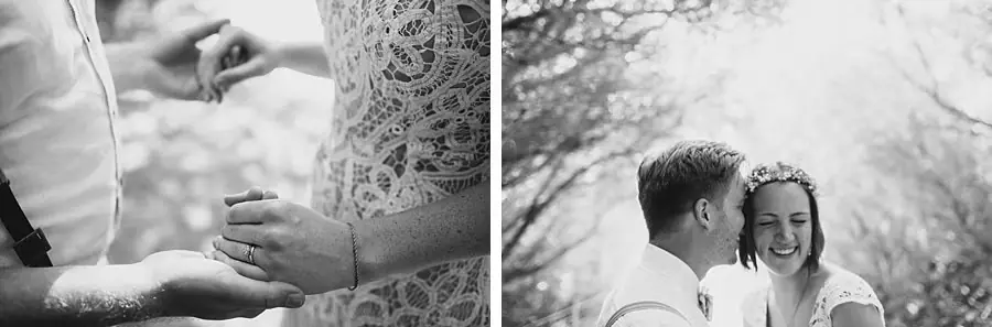 Two black-and-white photographs of the bride's ringed hand and the smiling couple.