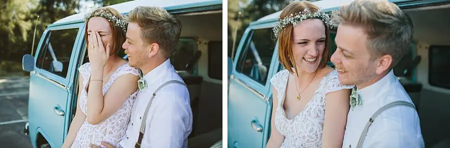 Two photographs of the laughing bride and groom beside a pale blue van.