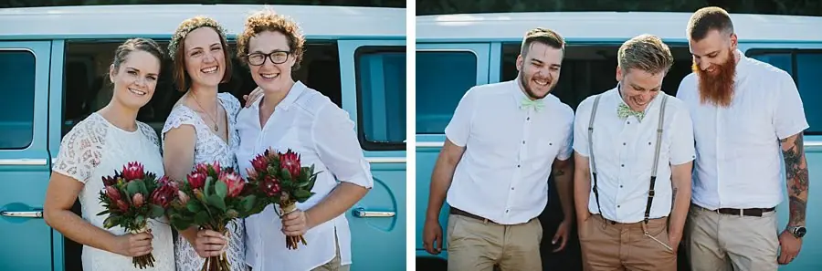 Two photographs of women with bouquets and men posing beside a pale blue van.