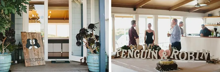 Two photographs of a house entrance and a decorative wooden name display.