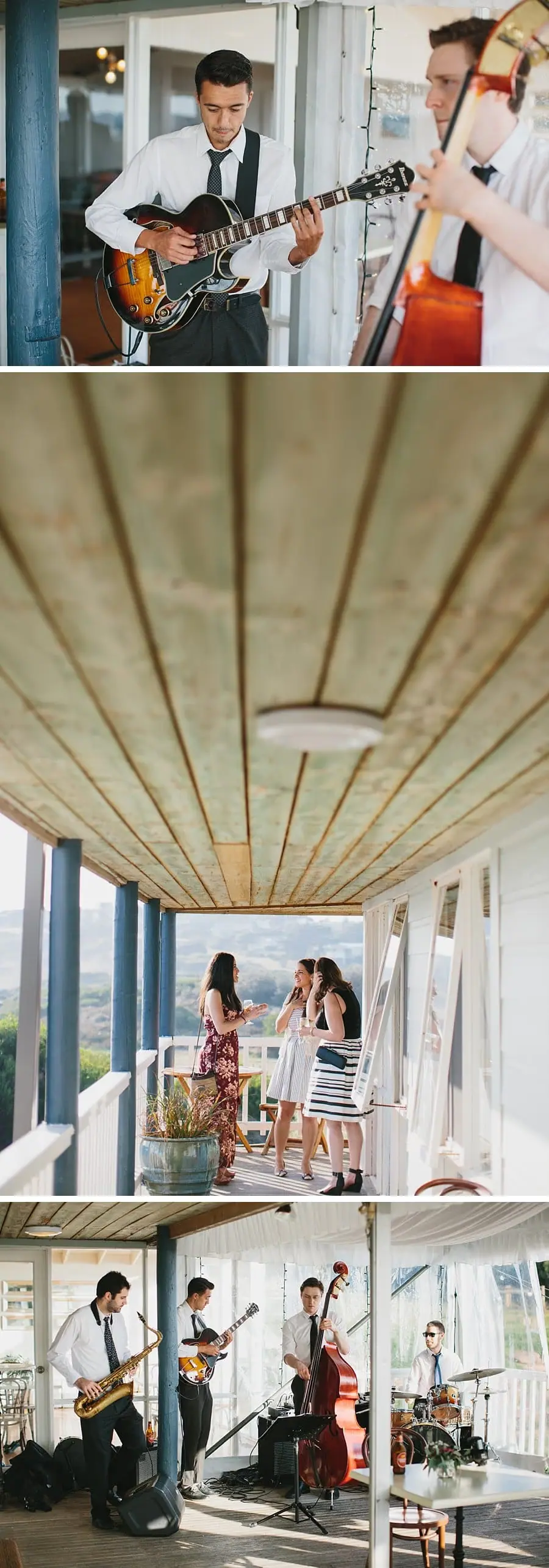 Three-photo collage of musicians performing and women chatting on a veranda.