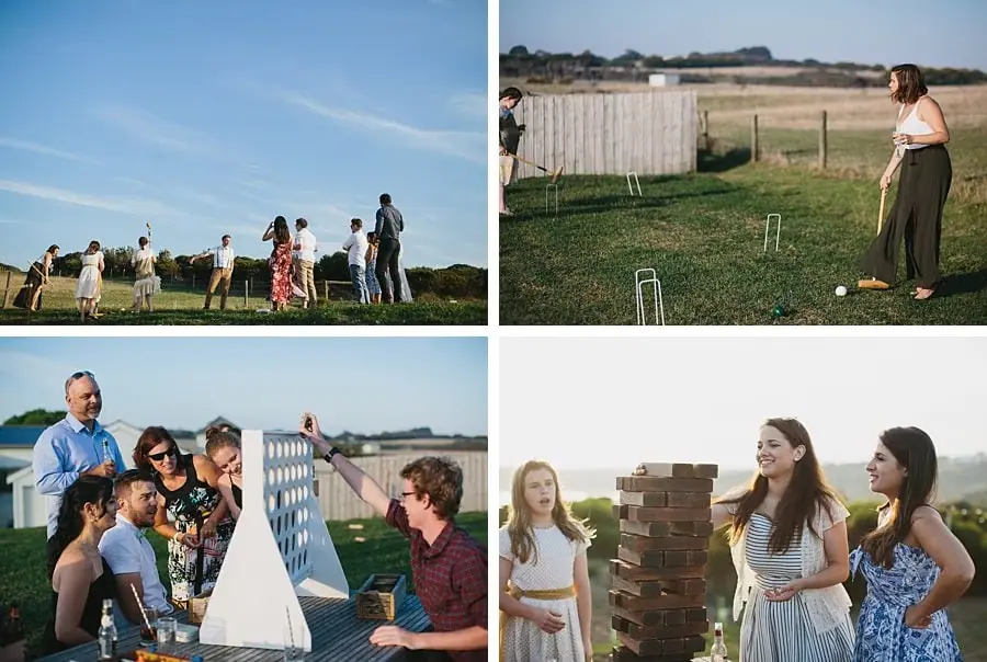 Four-photo collage of guests playing lawn games and gathering around tables.