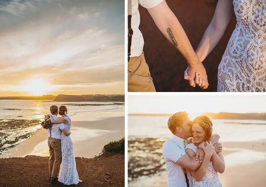 Three-photo collage of the couple at sunset and a close-up of their joined hands.