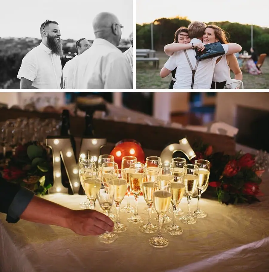 Three-photo collage of guests embracing and a tray of filled champagne glasses.